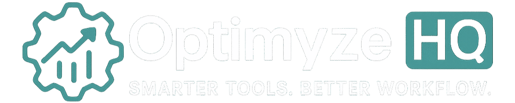 OptimyzeHQ logo with a gear and upward arrow symbol, representing smart workflow tools