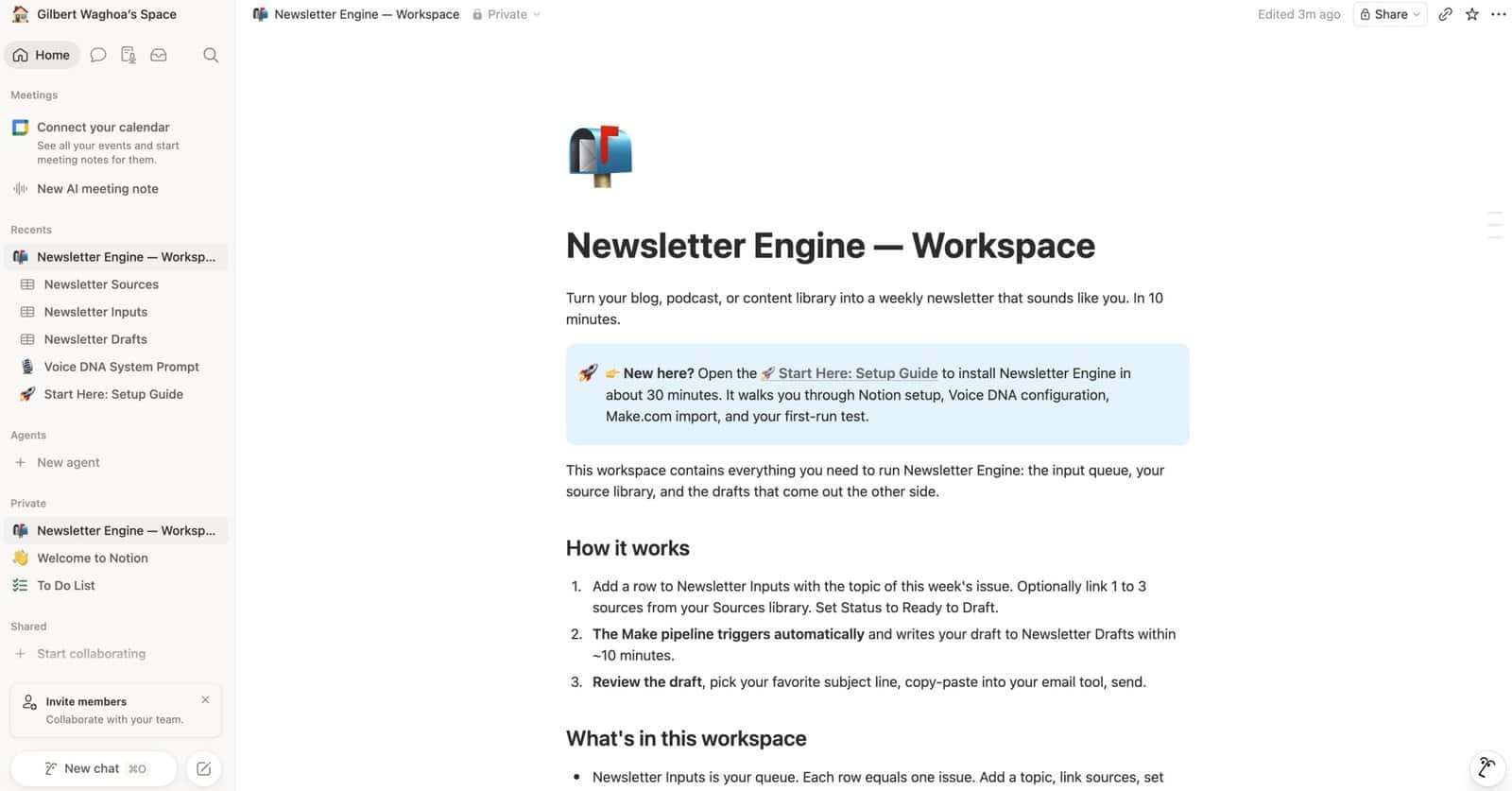 Newsletter Engine Notion workspace after duplication