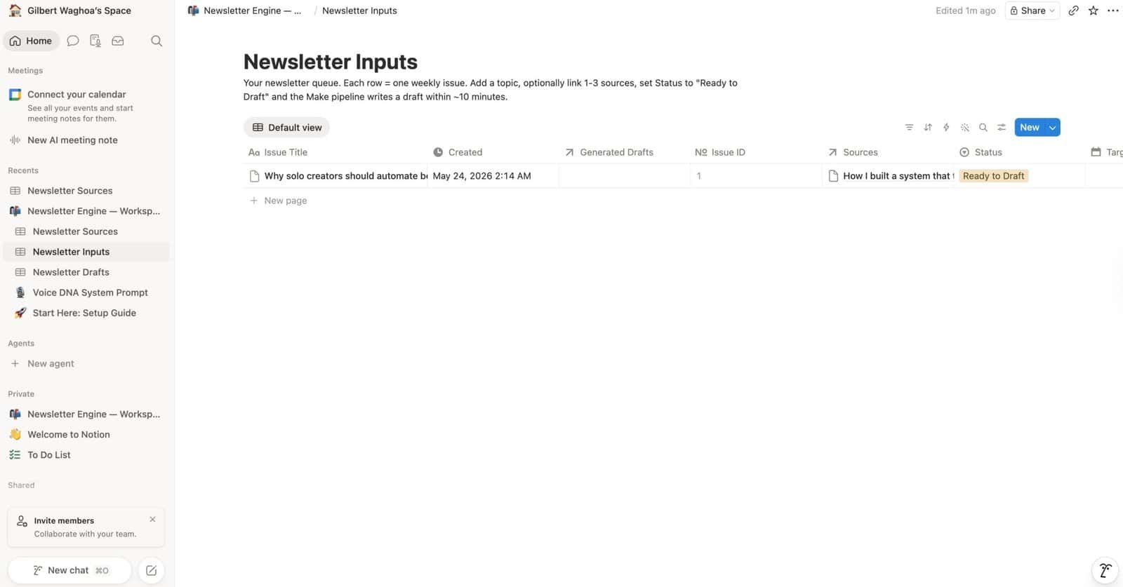 Newsletter Inputs row with Topic, Sources, and Status Ready to Draft