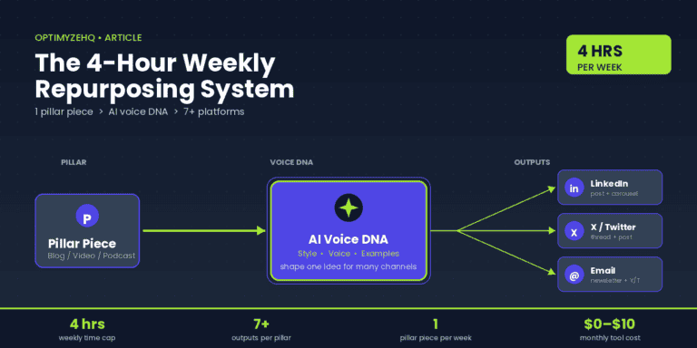 The 4-hour weekly repurposing system: 1 pillar piece flows through AI Voice DNA into LinkedIn, X, and Email outputs