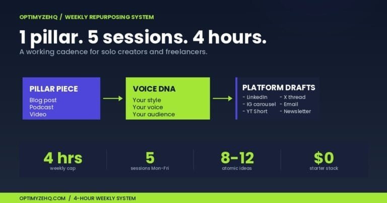 The 4-Hour Weekly Repurposing System: one pillar piece flows through Voice DNA to produce platform drafts for LinkedIn, X, IG, email, and more. 4 hours per week, 5 sessions Monday to Friday, 8-12 atomic ideas per pillar.