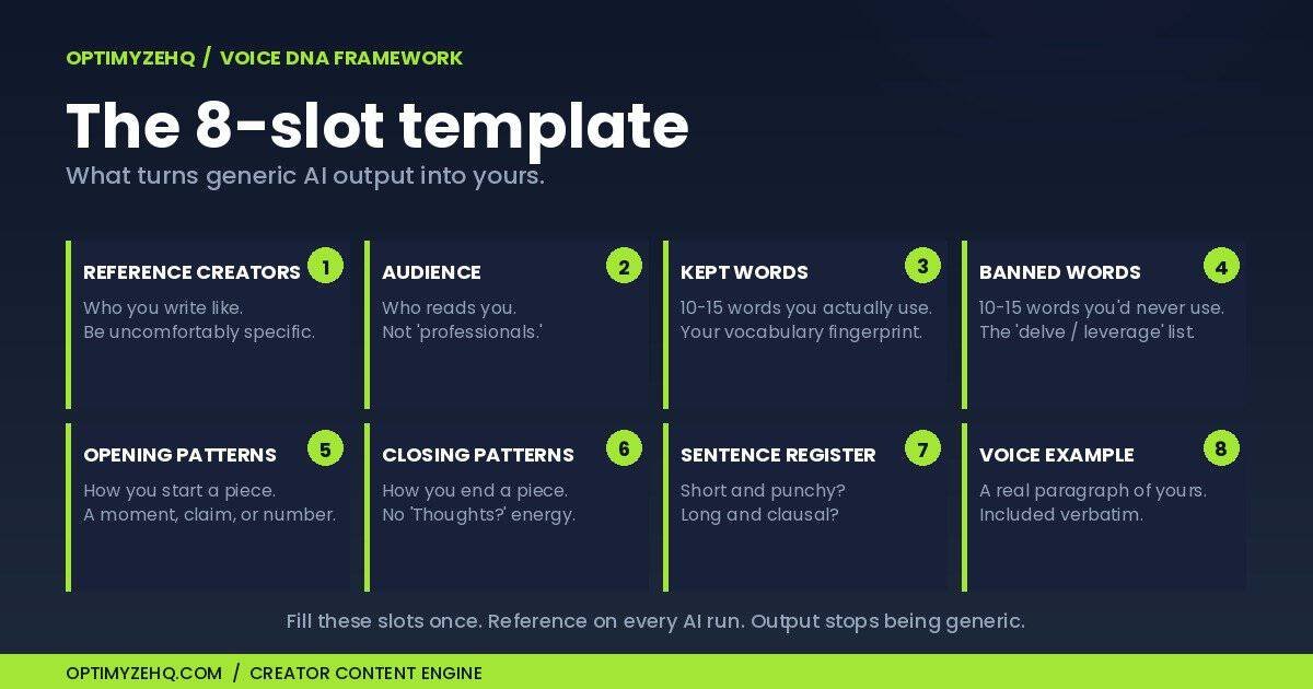 Voice DNA 8-slot template: reference creators, audience, kept words, banned words, opening patterns, closing patterns, sentence register, voice example.