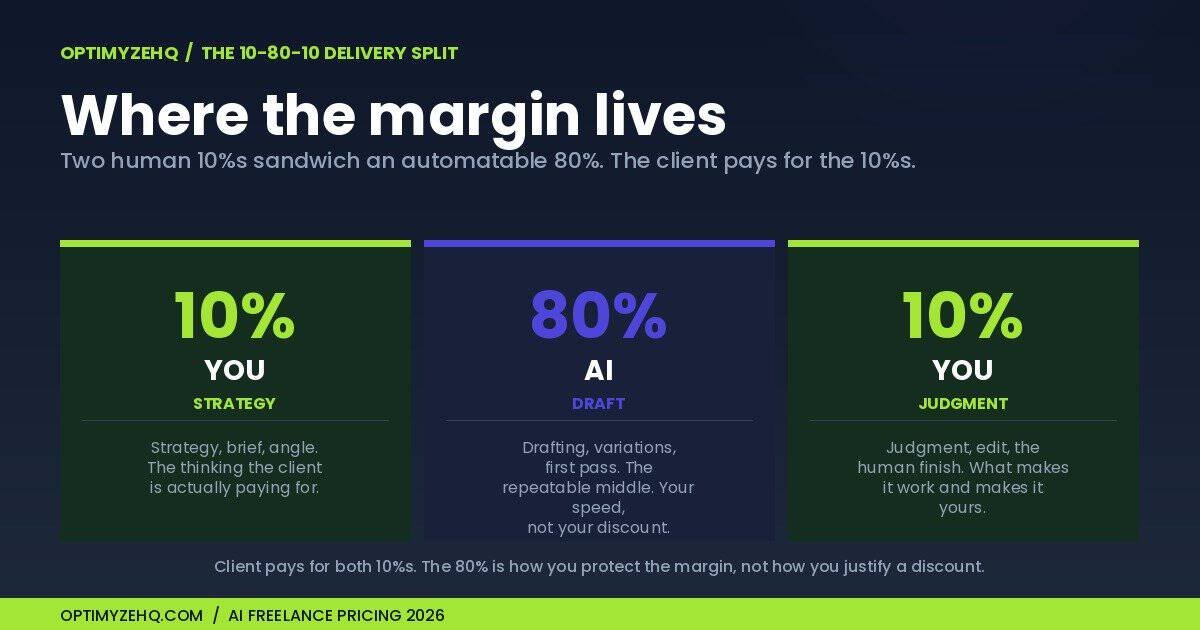 The 10-80-10 delivery split: 10% you for strategy, 80% AI for drafting, 10% you for judgment.