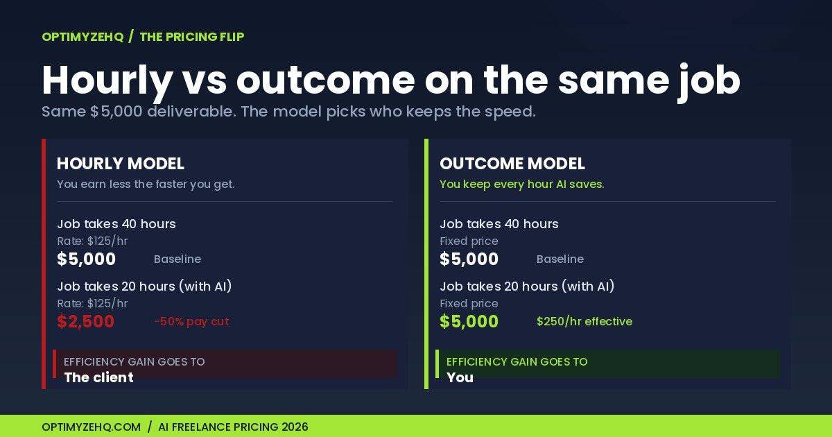 Hourly vs outcome pricing on the same $5,000 deliverable - efficiency gain goes to client under hourly, to you under outcome.