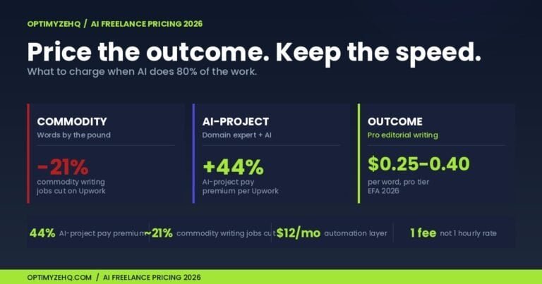 AI Freelance Pricing 2026: the market split. Commodity writing dropped 21% on Upwork. AI-project work earns 44% pay premium. Pro editorial writing holds at $0.25-0.40 per word per the 2026 EFA chart. Price the outcome, not the hours.