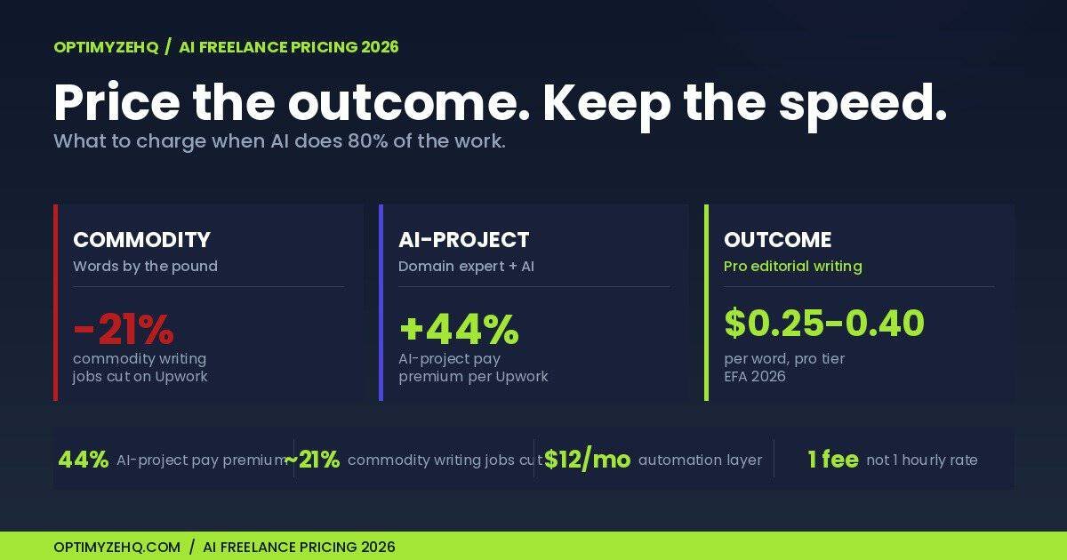 AI Freelance Pricing 2026: the market split. Commodity writing dropped 21% on Upwork. AI-project work earns 44% pay premium. Pro editorial writing holds at $0.25-0.40 per word per the 2026 EFA chart. Price the outcome, not the hours.