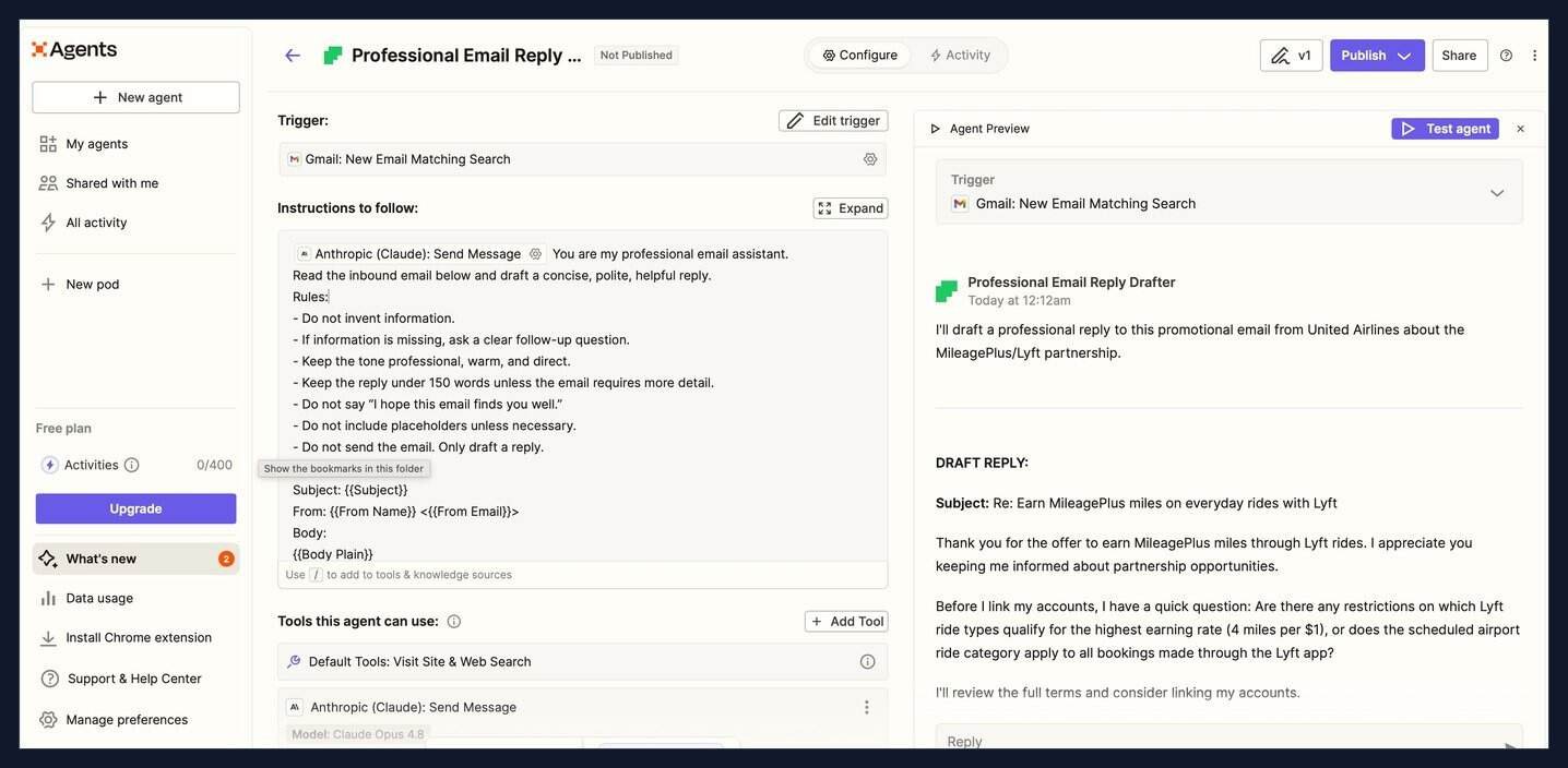 Zapier Agents on the free plan drafting an email reply with Claude Opus 4.8