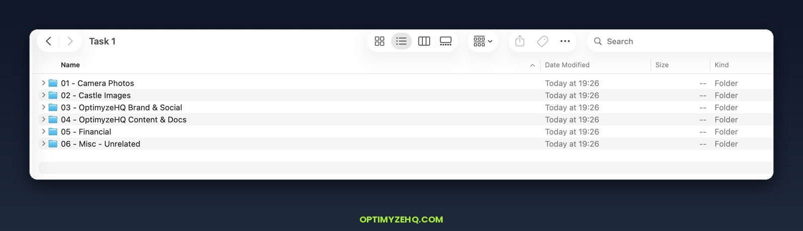 Six folders created by Claude Cowork: Camera Photos, Castle Images, OptimyzeHQ Brand and Social, OptimyzeHQ Content and Docs, Financial, and Misc.