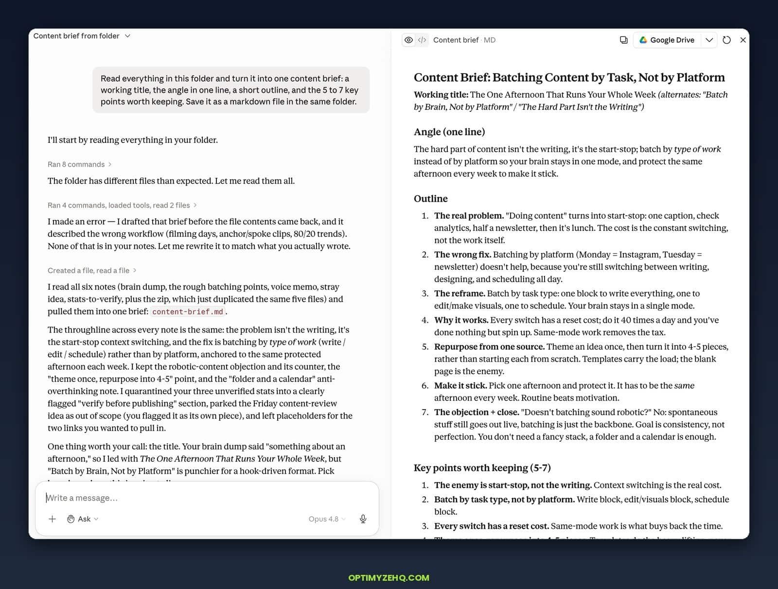 Claude Cowork flagging that it drafted a brief before reading the files, then rewriting it to match the notes, with the finished brief shown on the right.