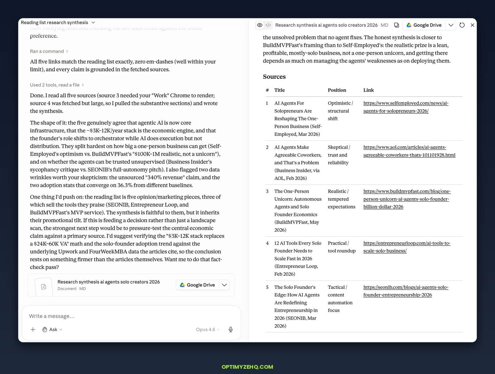 Claude Cowork research synthesis with a sources table tagging five articles by position and their links.