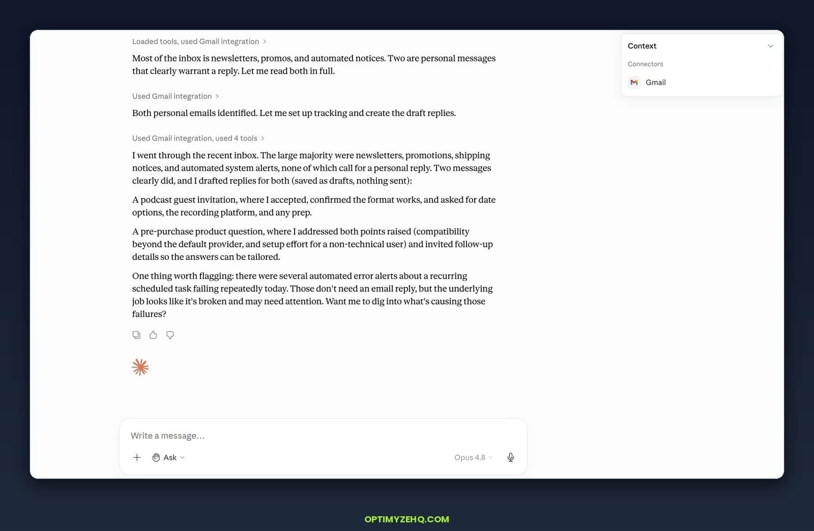 Claude Cowork reporting that it read the inbox, drafted replies to the two messages that needed one, and saved them as drafts without sending.